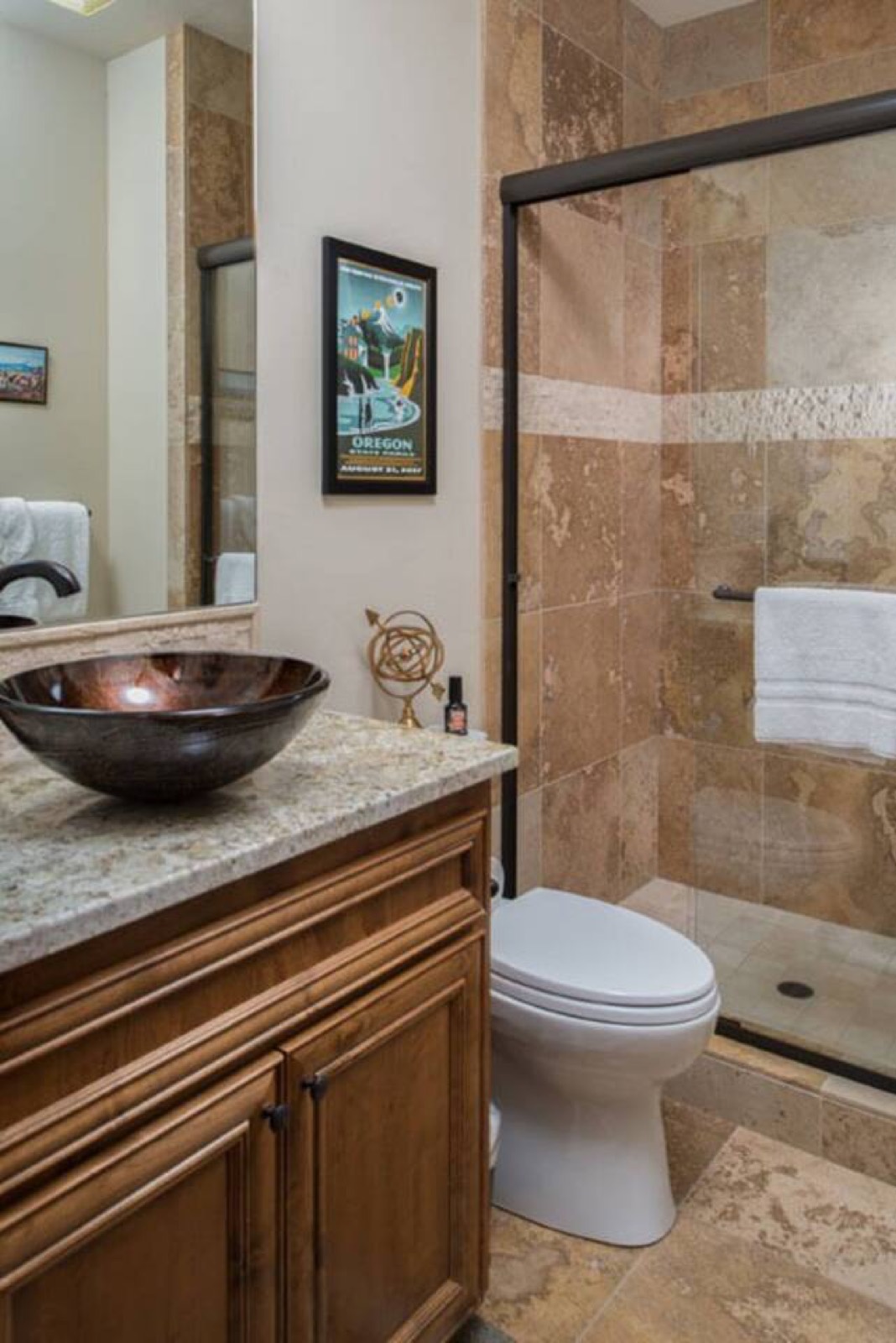 Bathroom off the great room with a tiled shower