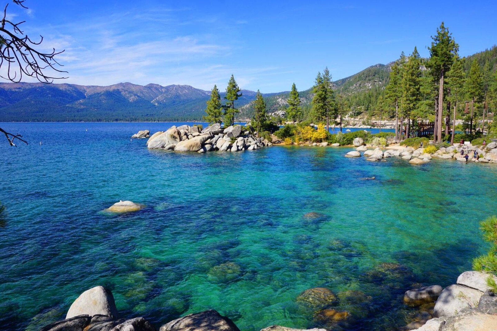 Rocky shoreline and blue water at Lake Tahoe